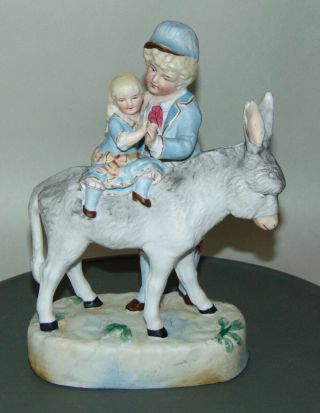Antique Victorian Figurine Boy Holding Little Sister On A Donkey Bisque Germany?