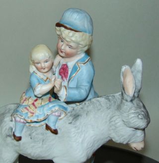 ANTIQUE VICTORIAN Figurine BOY HOLDING LITTLE SISTER ON A DONKEY Bisque GERMANY? 2