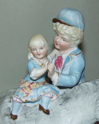 ANTIQUE VICTORIAN Figurine BOY HOLDING LITTLE SISTER ON A DONKEY Bisque GERMANY? 6
