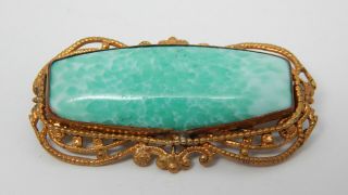 Antique Green Jadeite Peking Glass Cabochon Gold Filled Filigree Vtg Pin Brooch
