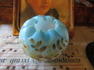 Antique Hand Painted Blue Satin Glass Rose Bowl