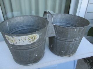 Vintage Wheeling Twin Pail Galvanized Double Connected Buckets Milking