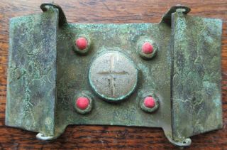 Chinese Neolithic Bronze Belt Buckle Warring States Han Archaic Text Red Coral