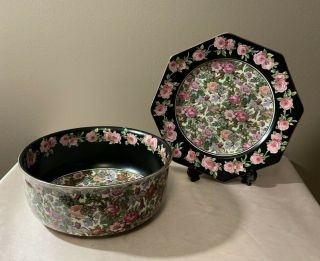 Antique Crown Ducal Rose Parade Bowl And Plate Black Chintz