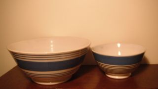 2 Antique Blue And White Striped Mocha Ware Bowls From England
