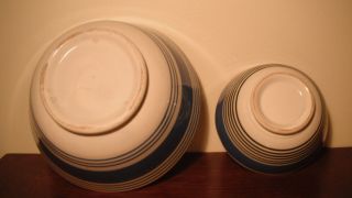2 Antique Blue and White Striped Mocha ware Bowls from England 2