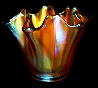 Antique Imperial Freefold Marigold Unswung Squatty Carnival Glass Vase