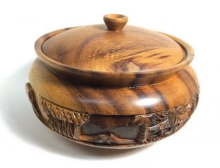 Vintage Hand - Carved Round Wooden Bowl W/ Lid -