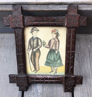 19th Century Antique American Folk Art Watercolor In Carved Frame Aafa