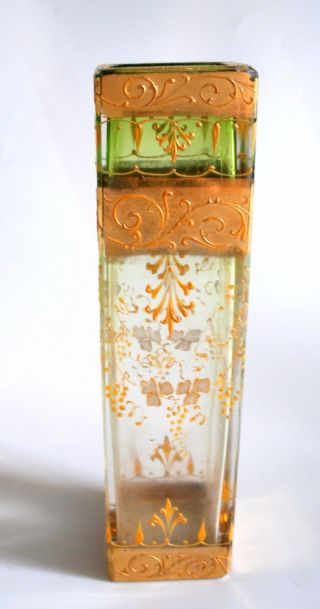 Antique Art Nouveaue French Enamel Green Clear Glass Vase