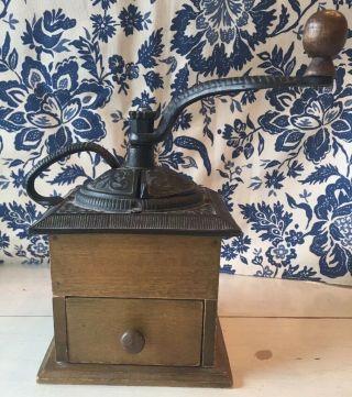 Antique Coffee Grinder Iron & Wood Scroll Flower Design Very Old