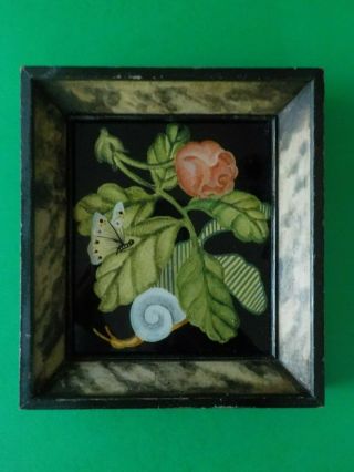 Antique Reverse Painting On Glass Rose,  Snail & Butterfly Frame