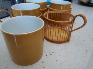 Vintage Set of 4 Japanese Handmade Bamboo Weave Teacup Holders & Cups 3.  5 