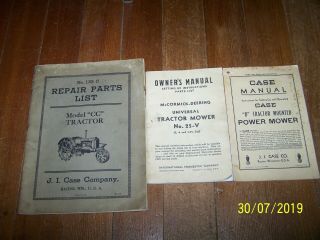 Antique 1931 Case Model Cc Tractor Parts List & 2 Mower Manuals Case & Mccormick