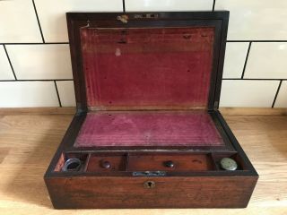 Antique Victorian Writing Slope With Glass Ink Bottles - 19th Century