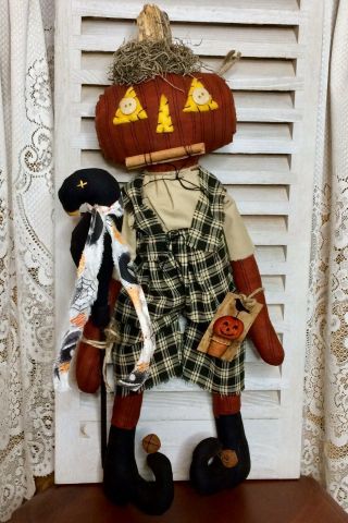 Primitive Pumpkin Doll With Real Stem Warlock With Crow Poke Shelf Sitter Ooak