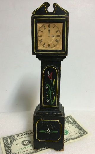 Antique Miniature Dollhouse Black Wooden Grandfathers Clock Hand Painted