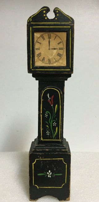 Antique Miniature Dollhouse Black Wooden Grandfathers Clock Hand Painted 3