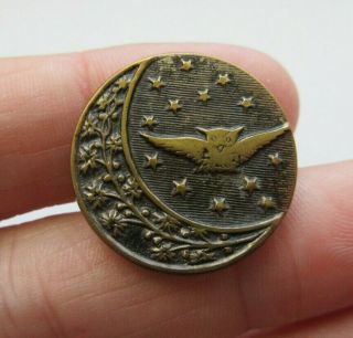 Antique Vtg Victorian Metal Picture Button Owl Moon & Stars 1 " (z)