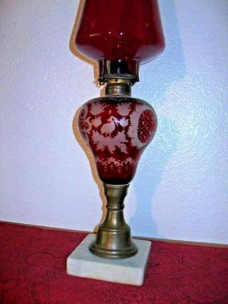 Antique Ruby Cut To Clear Oil Lamp And Shade With Brass And Marble Base