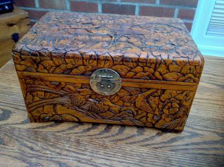 Vintage Large Wooden Box With Hand Carved Design - Peacock Bird Motif 30x19x15cm