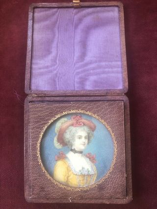 Antique Round Miniature Portrait Of 18th Century Young Woman