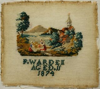 Small Mid/late 19th Century Rural Scene Sampler By F.  Warden Aged 11 - 1874