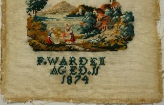 SMALL MID/LATE 19TH CENTURY RURAL SCENE SAMPLER BY F.  WARDEN AGED 11 - 1874 3