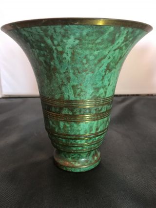 Signed Carl Sorensen Arts & Crafts Verdigris Bronze Trumpet Vase 6.  5” Tall