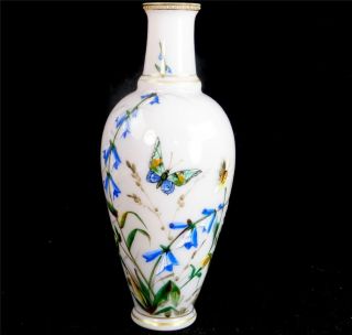 Antique Bohemian Harrach Opaline Glass Vase Painted Butterflies & Flowers