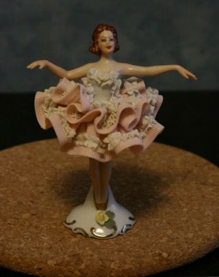 Vintage Dresden Porcelain Figurine,  Lady Dancer,  Pink Lace Ballerina 4 3/4 "