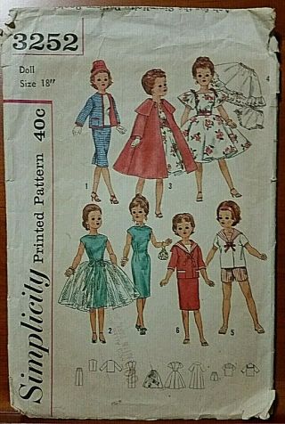 Vintage Simplicity 3252 Doll Clothes Pattern Cissy And Miss Revlon,  18in