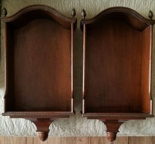Vintage Pr Curio Colonial Deep Shelves Cherry Wood Brass Knobbed 18x9x5