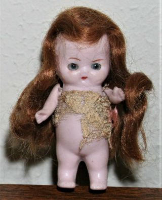Antique German 2.  5 " All Bisque Girl Movable Arms Orig Dress Red Mohair