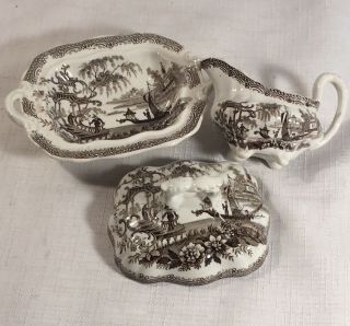 2 Antique Staffordshire Child Toy Transferware Pottery Sauce Serving Japonica