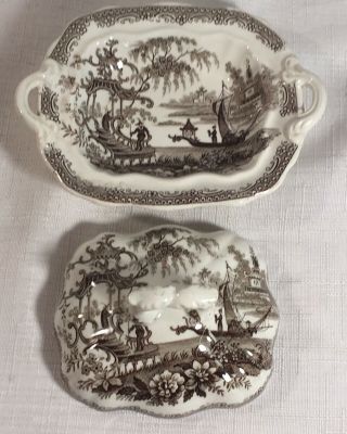 2 Antique Staffordshire Child Toy Transferware Pottery Sauce Serving Japonica 6