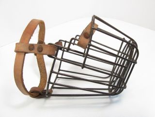Vintage Antique Canine Muzzle Wire Cage Racing Dog With Leather Straps Buckle