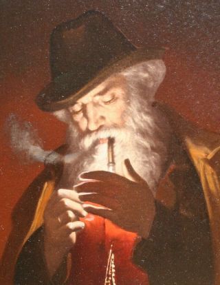 Early19th Cen.  Portrait Study Of A Gentleman Lighting A Pipe Antique Oil Painting