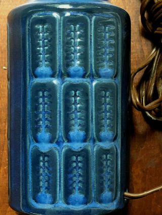 Mid Century Modern Pottery Lamp Blue Vintage Fish Detail Small Mood Table Light