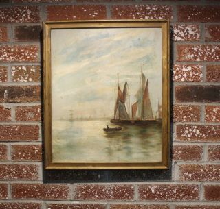 Antique Oil Painting On Canvas,  Seascape,  Dock