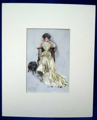 Harrison Fisher Pretty Lady Black Pomeranian Dog 1908 Antique Chromograph Print
