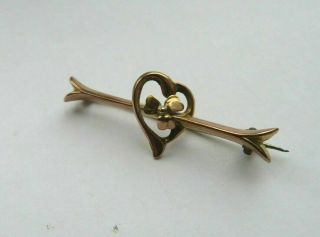 Antique 9ct Gold Lucky Shamrock & Heart Sweetheart Brooch Pin