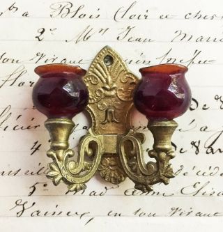 Antique Dollhouse Miniature Ornate Double Sconce With Ruby Shades