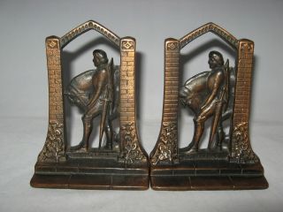 Antique Sir Galahad With Horse Cast Iron Bookends W/ Bronze Finish 1920 