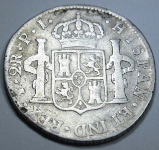 1818 PJ Spanish Silver 2 Reales Piece of 8 Real Antique Old Pirate Treasure Coin 2