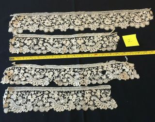 4 Lengths Of Antique 19th Century Handmade Duchesse Lace