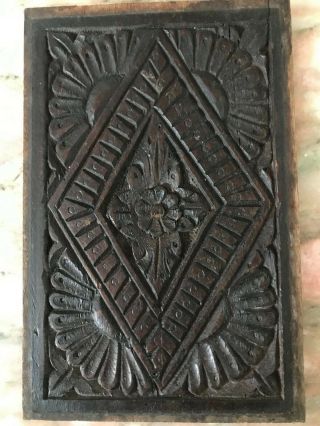 Antique 17th Century Carved Oak Panel Geometric Daisy Carving