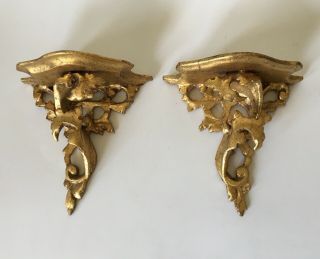 Pair Vintage Italian Florentine Gilt Gold Hand Carved Wood Shelves