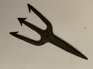 Antique 3 Tine Fish Spear Frog Gig Hand Forged Rare Barbed Handle Tang 2
