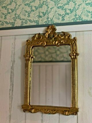 1980s Vintage Miniature Dollhouse Gold Ormolu Mirror FRANCE Columns Heavy 2 3/4 